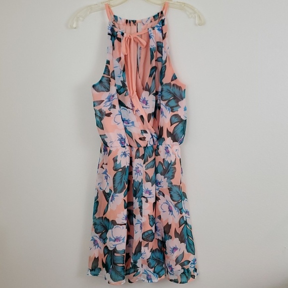Papaya Summer Peach, Blue, Cream, Pink Floral Print Halter Dress L - Picture 7 of 7